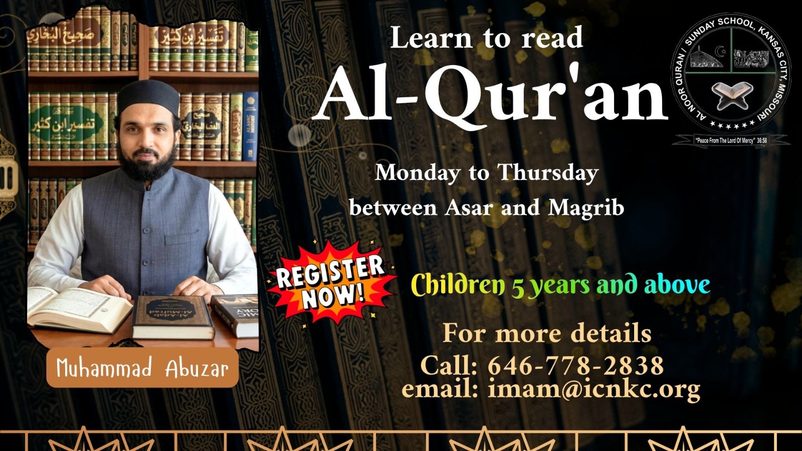 Al-Noor Quran Sunday School Announcement Poster